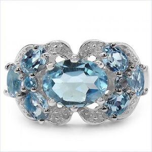 14K White Gold Over Solid Sterling Silver Diamonds 3.2 CTW Sz 7 Blue Topaz Ring